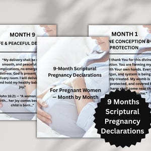 May include: A set of three cards with text, featuring a pregnant person. The cards display text about pregnancy, including "9-Month Scriptural Pregnancy Declarations" and "Month 9 Safe & Peaceful Delivery."
