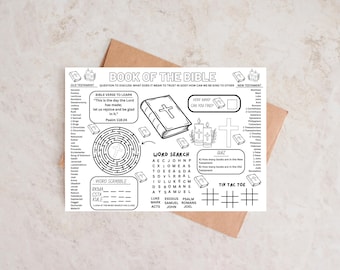 May include: Black and white activity sheet titled "Book of the Bible" with various games and quizzes. Includes a Bible verse, word search, word scramble, and tic-tac-toe. Features illustrations of a Bible, candles, and a cross.