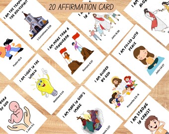 20 Educational Biblical Affirmations for Kids, Christian Kids Affirmation Card, Biblical Flashcard Activity,Kids Scripture Affirmation Cards