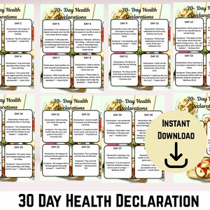 May include: A digital download featuring a 30-Day Health Declarations guide. The design includes a grid of cards with daily declarations and corresponding scripture verses, with a beige background and a food image. The words "Instant Download" are also present.