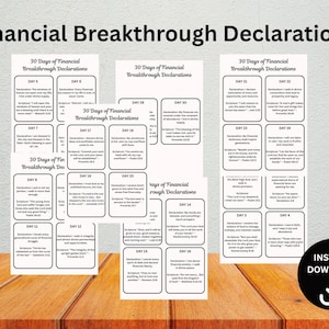 May include: A collection of printable cards titled "Financial Breakthrough Declarations." Each card features daily affirmations and scripture references. The cards are arranged on a wooden surface with a light gray background. An "Instant Download" graphic is in the lower right corner.