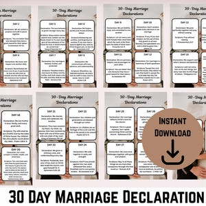 May include: A digital download featuring a 30-Day Marriage Declarations guide. The design includes a series of rectangular cards with text, arranged in rows and columns. The words "Instant Download" are also visible.