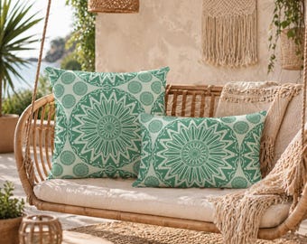 Mandala Outdoor Pillow – Mint Green Boho Patio Cushion, Outdoor Throw Pillow