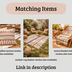 May include: Image showcasing a coordinated outdoor decor set. It includes a patterned pillow, a rug, and a fringed blanket. The items feature a warm color palette with geometric designs. Text on the image reads "Matching Items" and "Link in description."