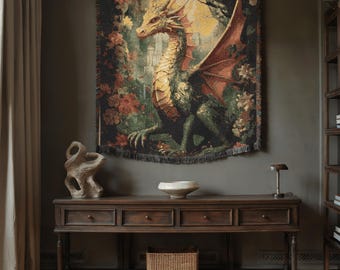 Dragon Tapestry, Woven Blanket, Gothic Decor, Medieval Tapestry