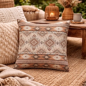 May include: Square decorative pillow with a geometric pattern in shades of brown, beige, and cream. The pillow is placed on a woven rug, with other pillows and a wooden table in the background. The scene evokes a cozy, outdoor living space.