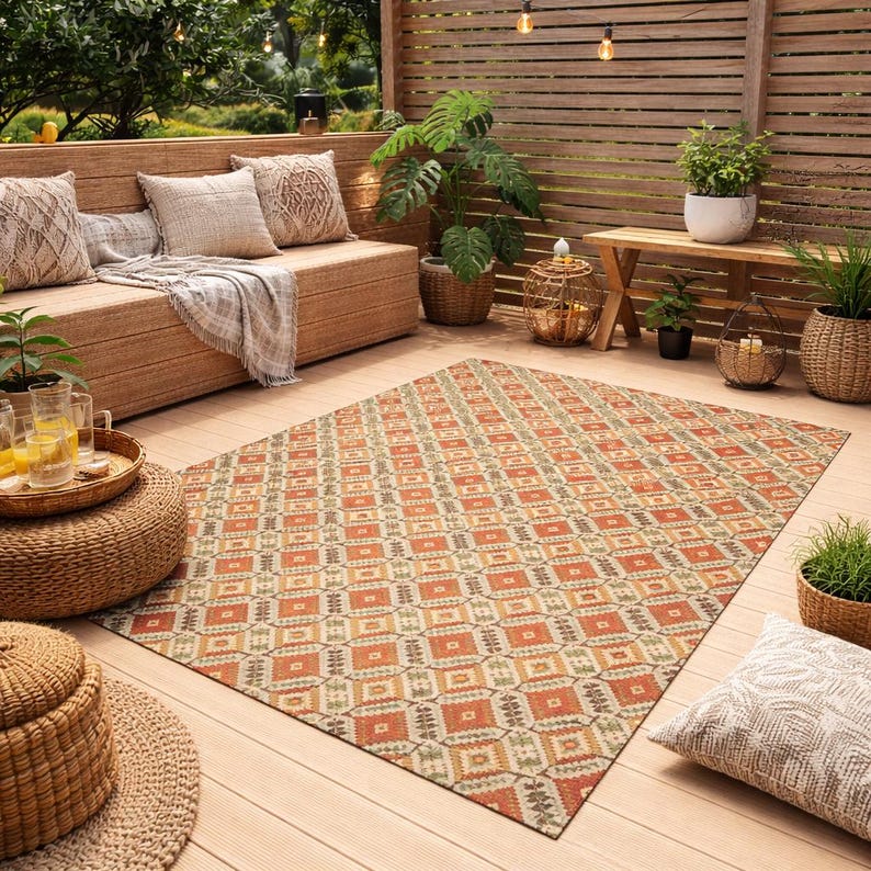 Boho Outdoor Pillow – Coral Geometric Ibiza Patio Cushion, Outdoor Throw Pillow image 7