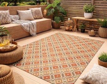 Aztec Outdoor Rug – Coral Geometric Southwestern Patio Rug, Waterproof Boho Outdoor Mat