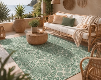 Boho Mandala Pattern Outdoor Rug Green, Geometric Patio Mat, Bohemian Aztec Decor