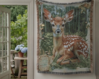 Woven Cotton Fawn Forest Tapestry, Woodland Nursery Wall Art Blanket