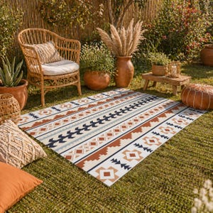 May include: An outdoor rug with a geometric pattern in cream, brown, and navy blue. The rug is rectangular and placed on a green lawn, with a wicker chair and decorative pillows nearby.