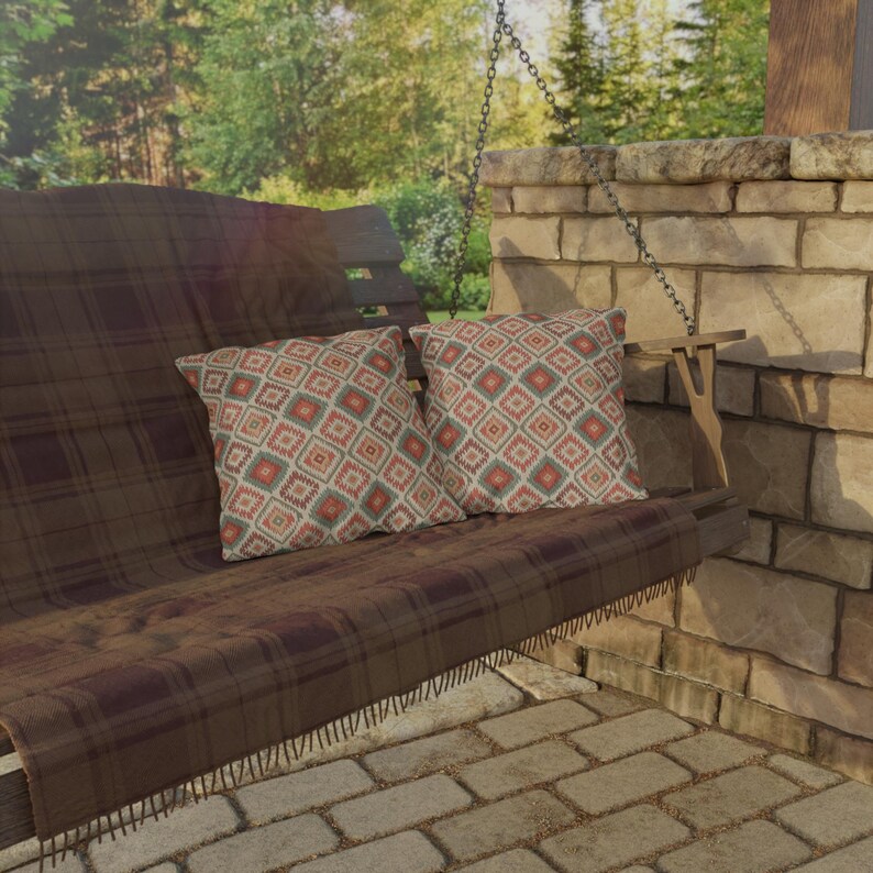 Boho Outdoor Pillow – Coral Geometric Ibiza Patio Cushion, Outdoor Throw Pillow image 4