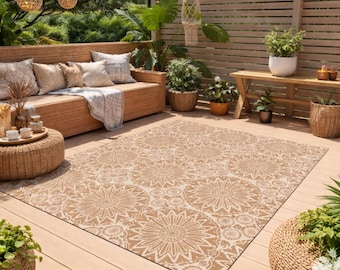 Boho Mandala Outdoor Rug Beige, Mandala Patio Mat, Bohemian Aztec Decor