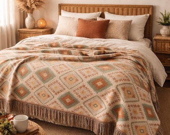 Boho Woven Blanket, Aztec Southwestern Cotton Throw, Bohemian Decor