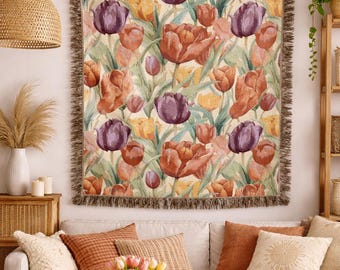 Tulip Decor Tapestry, Spring Interior Picnic Blanket Flower, 100% Cotton Woven Blanket
