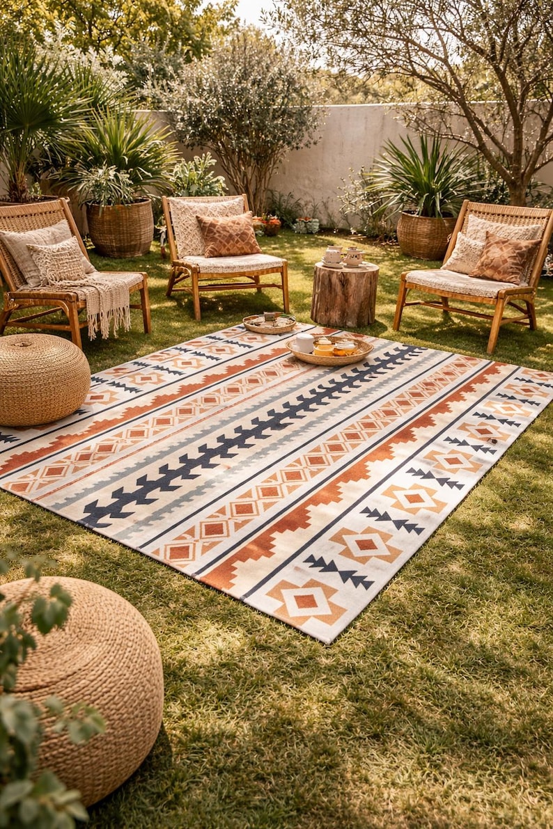 May include: An outdoor scene featuring a large rectangular rug with a geometric pattern in shades of cream, orange, and navy blue. Wicker chairs with cushions and a woven ottoman are arranged on the grass, creating a cozy seating area.