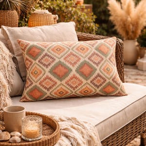 Boho Outdoor Pillow – Coral Geometric Ibiza Patio Cushion, Outdoor Throw Pillow image 2