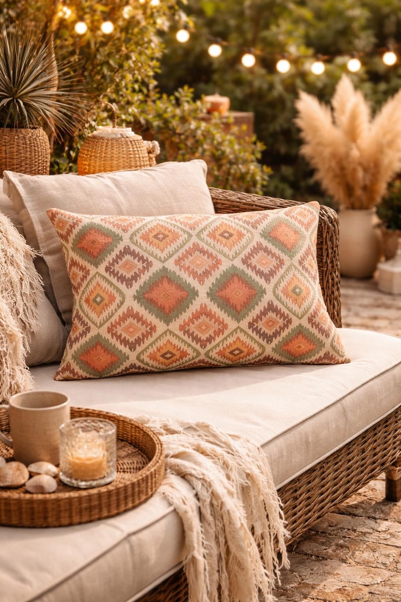 Boho Outdoor Pillow – Coral Geometric Ibiza Patio Cushion, Outdoor Throw Pillow image 2