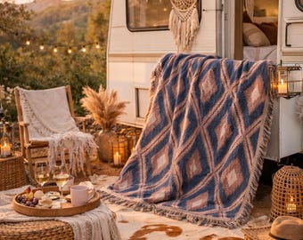 Southwestern Blanket, Boho Aztec Woven Blanket, 100% Cotton