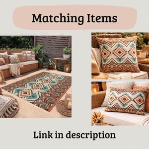 May include: The image showcases a matching set of outdoor decor items. It includes a large rectangular rug with a geometric pattern in shades of brown, teal, and cream, along with decorative throw pillows featuring a similar design. The text "Matching Items" and "Link in description" are also visible.