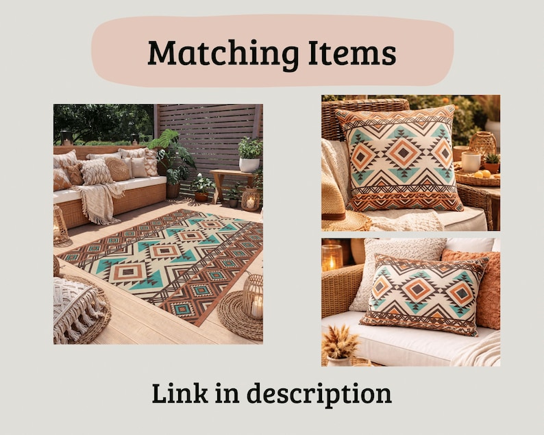 May include: The image showcases a matching set of outdoor decor items. It includes a large rectangular rug with a geometric pattern in shades of brown, teal, and cream, along with decorative throw pillows featuring a similar design. The text "Matching Items" and "Link in description" are also visible.