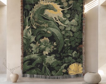 Dragon Blanket, Medieval Tapestry, Fantasy Throw or Woven Bedspread, Gothic Decor