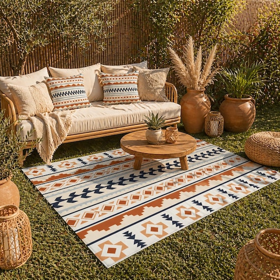 Boho Outdoor Rug Mexican , Aztec Southwestern Outdoor Mat, Bohemian Decor