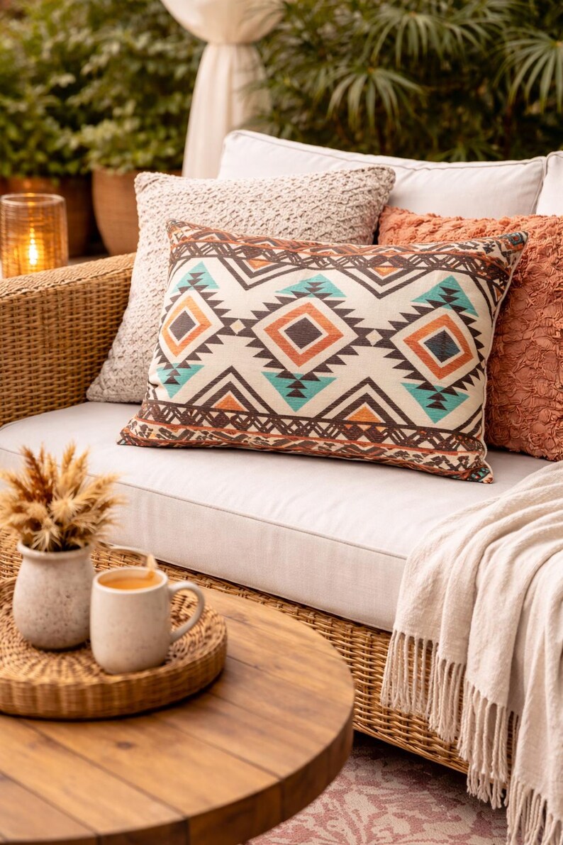 May include: A decorative pillow with a geometric pattern in brown, orange, and teal on a cream background. The pillow is on a white sofa with other pillows and a blanket. A wooden table holds a tray with mugs and a vase.