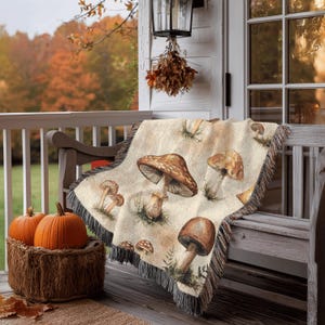 Mushroom Blanket 100% Cotton, Cozy Fall Throw or Bedspread, Autumn Decor