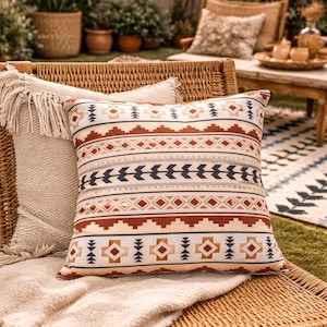 May include: Decorative pillow with a geometric pattern in shades of beige, brown, and navy blue. The pillow is rectangular and features a repeating design of diamonds, arrows, and lines. It rests on a woven wicker chair with a fringed throw.