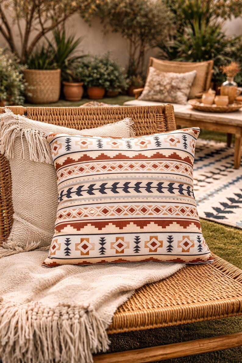 May include: Decorative pillow with a geometric pattern in shades of beige, brown, and navy blue. The pillow is rectangular and features a repeating design of diamonds, arrows, and lines. It rests on a woven wicker chair with a fringed throw.