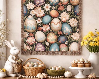 100% Cotton Floral Easter Tapestry Blanket, Vintage Spring Decor