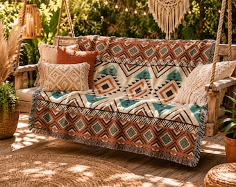 Boho Woven Blanket Mexican, Southwestern Tapestry, Bohemian Aztec Throw Blanket or Bedspread 100% Cotton