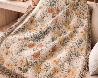 100% Cotton Floral Tapestry Blanket, Vintage Grandma Style Throw
