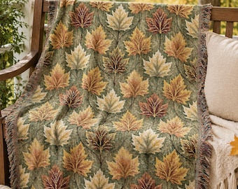 100% Cotton Woven Autumn Leaves Throw Blanket, Cottagecore Fall Decor