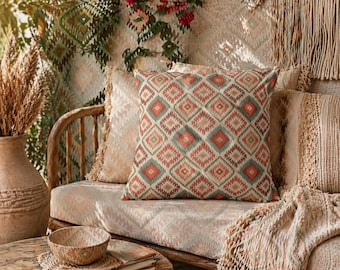 Boho Outdoor Pillow – Coral Geometric Ibiza Patio Cushion, Outdoor Throw Pillow