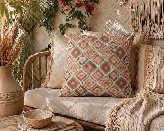 Boho Outdoor Pillow, Waterproof Ibiza Cushion, Geometric Patio Decor