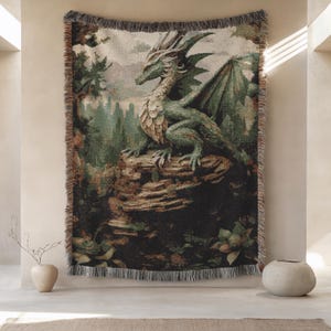 Dragon Blanket, Medieval Tapestry, Fantasy Throw or Woven Bedspread, Gothic Decor