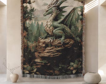 Dragon Blanket, Medieval Tapestry, Fantasy Throw or Woven Bedspread, Gothic Decor