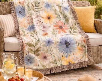 Flower Blanket 100% Cotton, Floral Large Tapestry for Cottagecore Decor, Woven Bedspread, Boho Decor