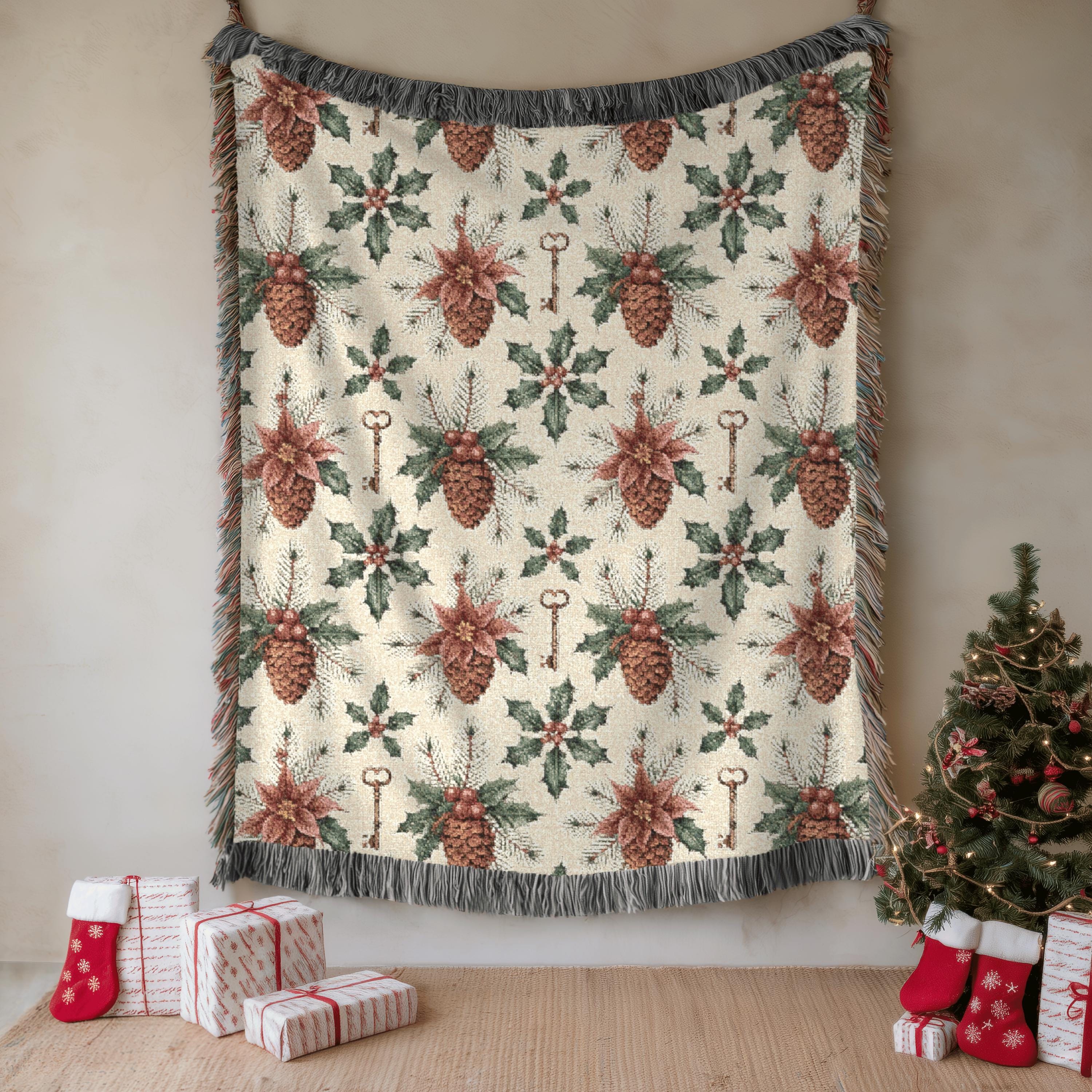 100% Cotton Christmas Woven Blanket or Bedspread Pinecones
