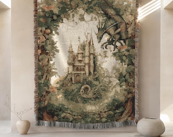 Dragon Blanket, Medieval Tapestry or Bedspread, 100% Cotton Throw Blanket