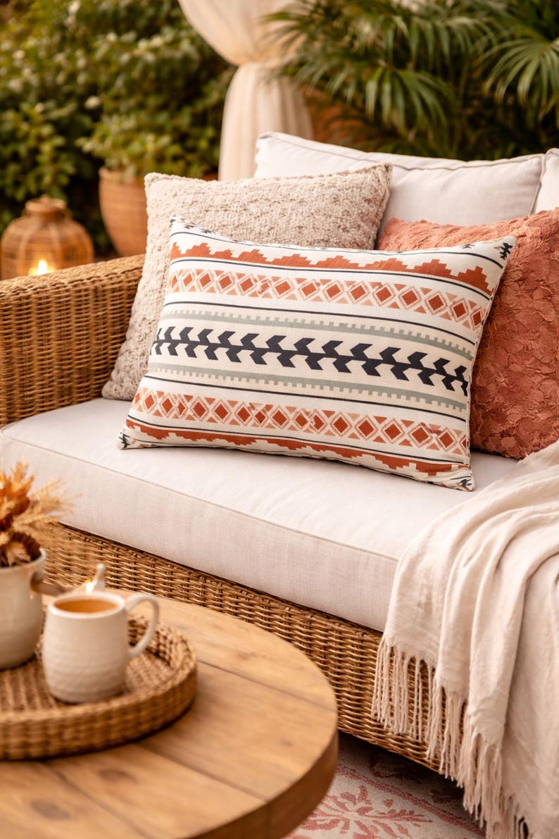 May include: A decorative pillow with a geometric pattern in shades of orange, black, and gray rests on a white couch. Other pillows in neutral tones and a fringed throw blanket complete the cozy outdoor seating arrangement.