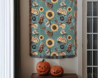 Fall Floral Throw Blanket, Autumn Woven Blanket, Cozy Couch or Reading Nook Decor