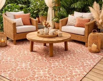 Boho Mandala Pattern Outdoor Rug Pink, Geometric Patio Mat, Bohemian Aztec Decor