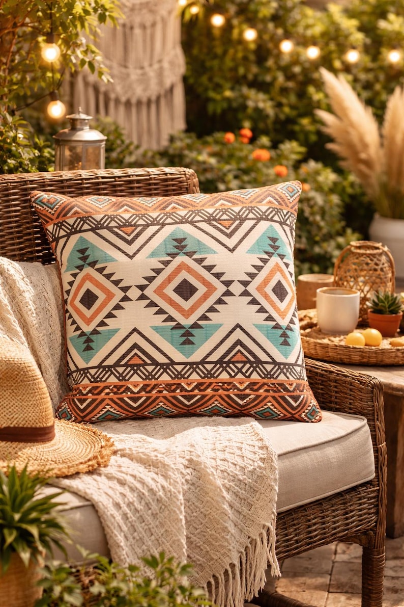 May include: A decorative throw pillow with a geometric pattern in shades of orange, teal, and brown. The pillow is on a wicker chair with a cream-colored blanket and a straw hat. The outdoor setting includes plants and string lights.