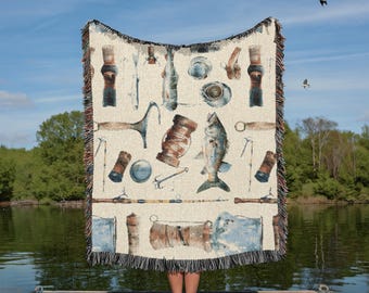 Fish Blanket 100% Cotton Woven Tapetry, Lakehouse Decor, Fisherman Gift for Dad or Husband