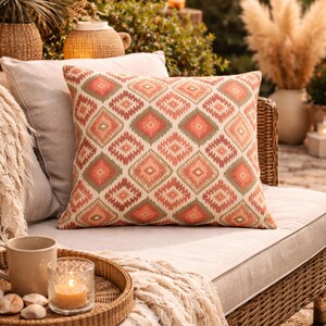 Boho Outdoor Pillow – Coral Geometric Ibiza Patio Cushion, Outdoor Throw Pillow image 3