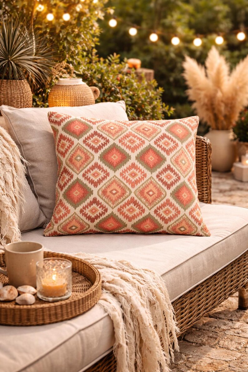 Boho Outdoor Pillow – Coral Geometric Ibiza Patio Cushion, Outdoor Throw Pillow image 3