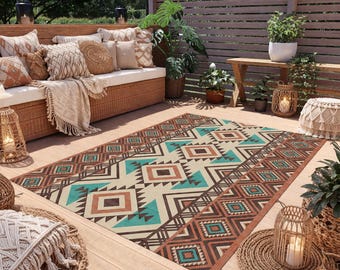 Boho Aztec Outdoor Rug, Waterproof Southwestern Patio Carpet, Bohemian Balcony Decor